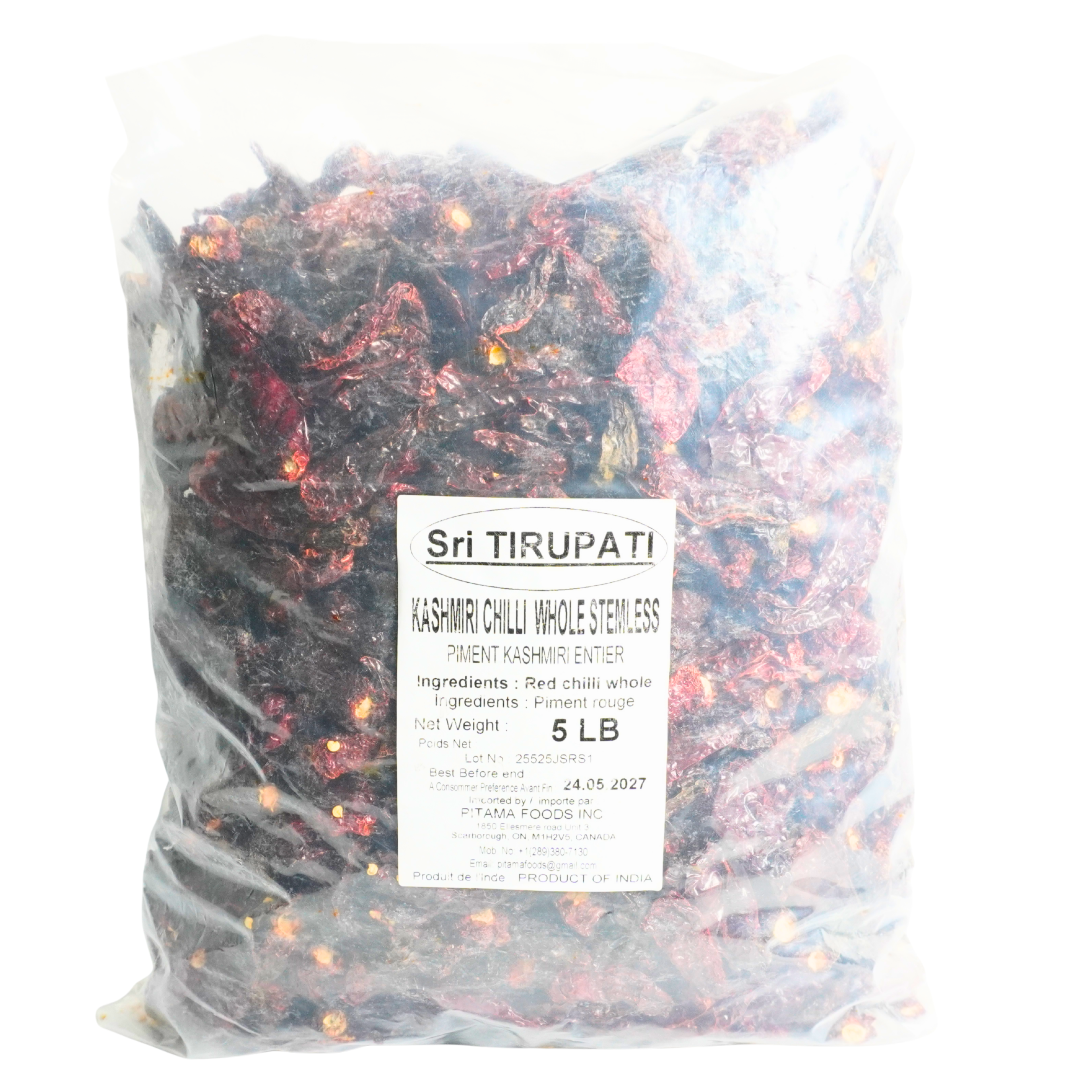 Sri Tirupati Kashmiri Chilli Whole 5LBS (Stemless)