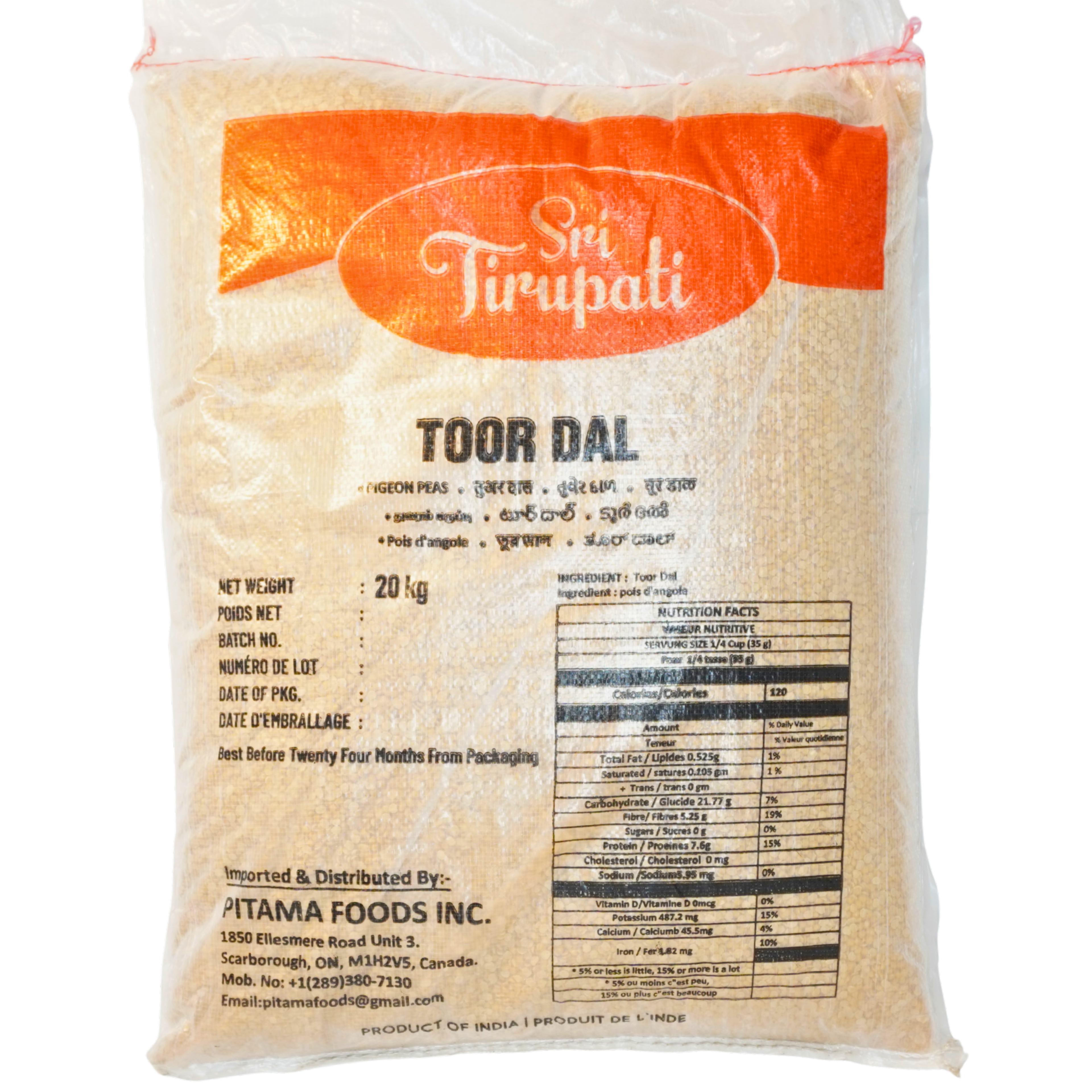 Sri Tirupati Toor Dal 20 KGS