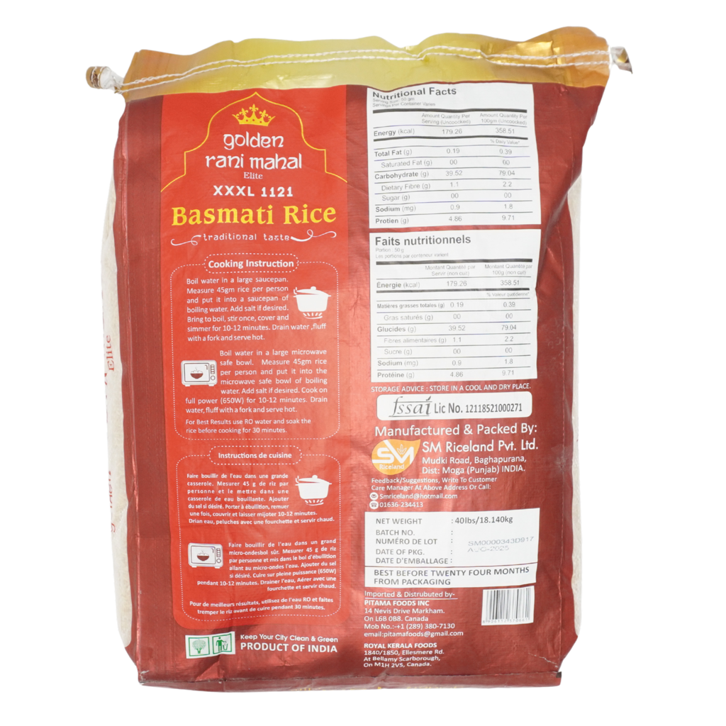 Golden Rani Mahal 1121 XXXL Steam Basmati Rice 40 LBS (Elite)
