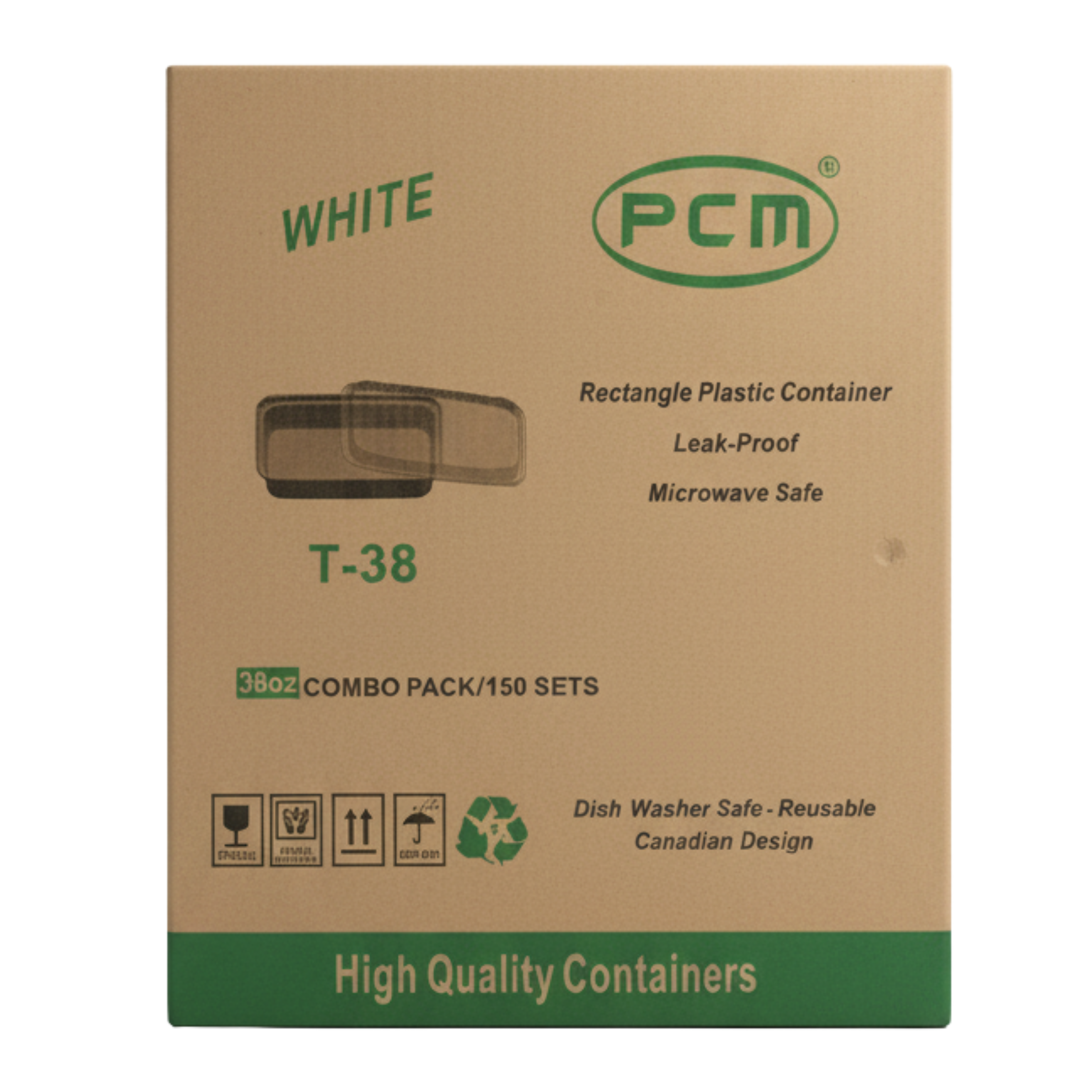 38oz Rectangle White Plastic Container with Lids - T38 - Pack of 150 Sets