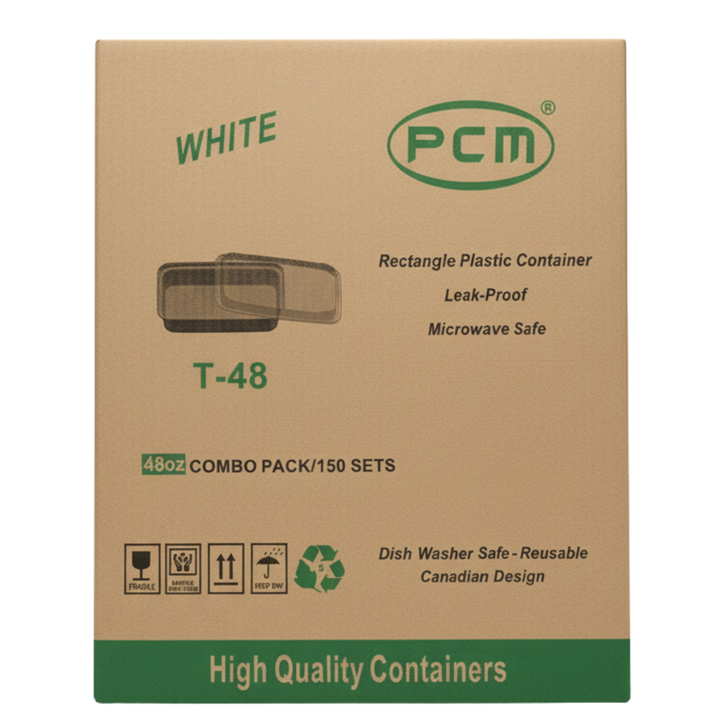 48oz Rectangle White Plastic Container with Lids - T48 - Pack of 150 Sets