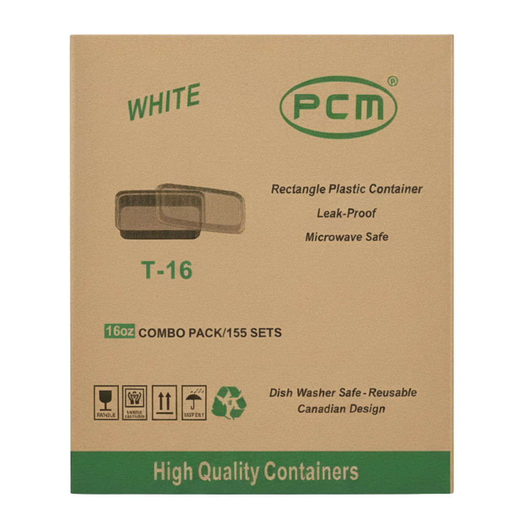 16oz Rectangle White Plastic Container with Lids - T16 - Pack of 150 Sets