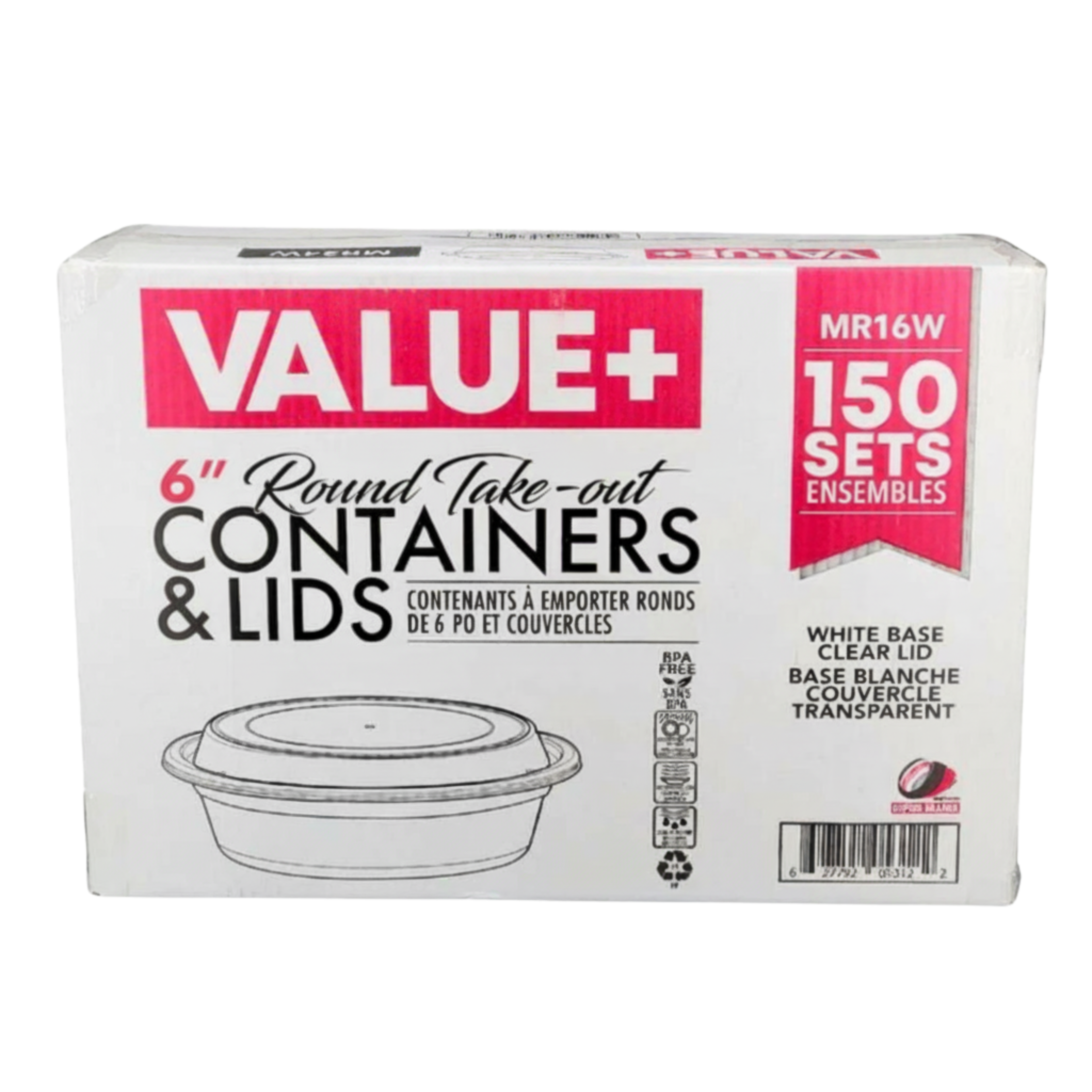 RC16 - 6" Round White Plastic Container With Lids 16oz - 150 Sets
