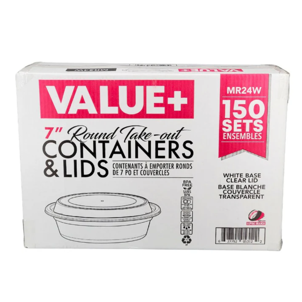 RC24 - 7" Round White Plastic Container With Lids 24oz - 150 Sets