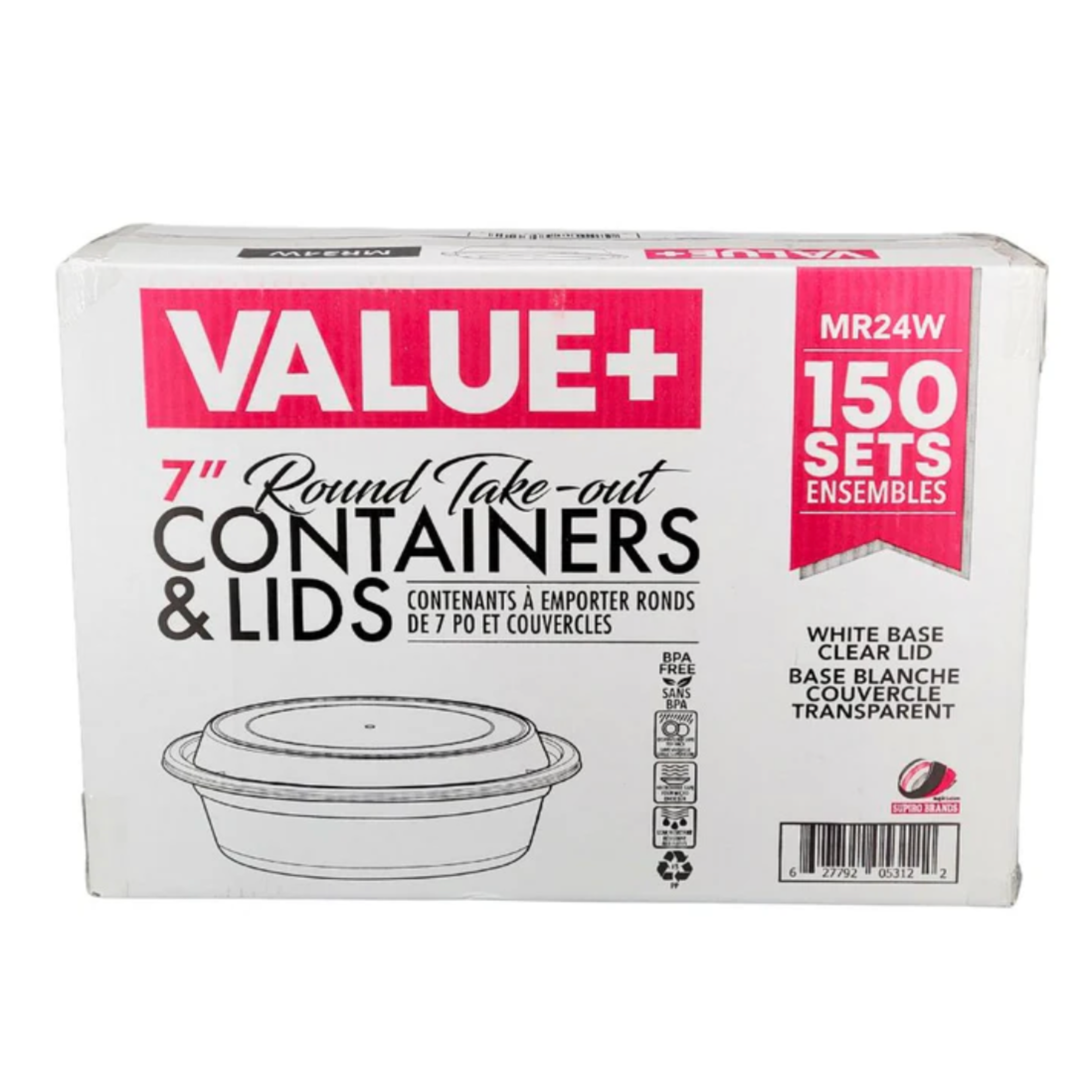 RC24 - 7" Round White Plastic Container With Lids 24oz - 150 Sets