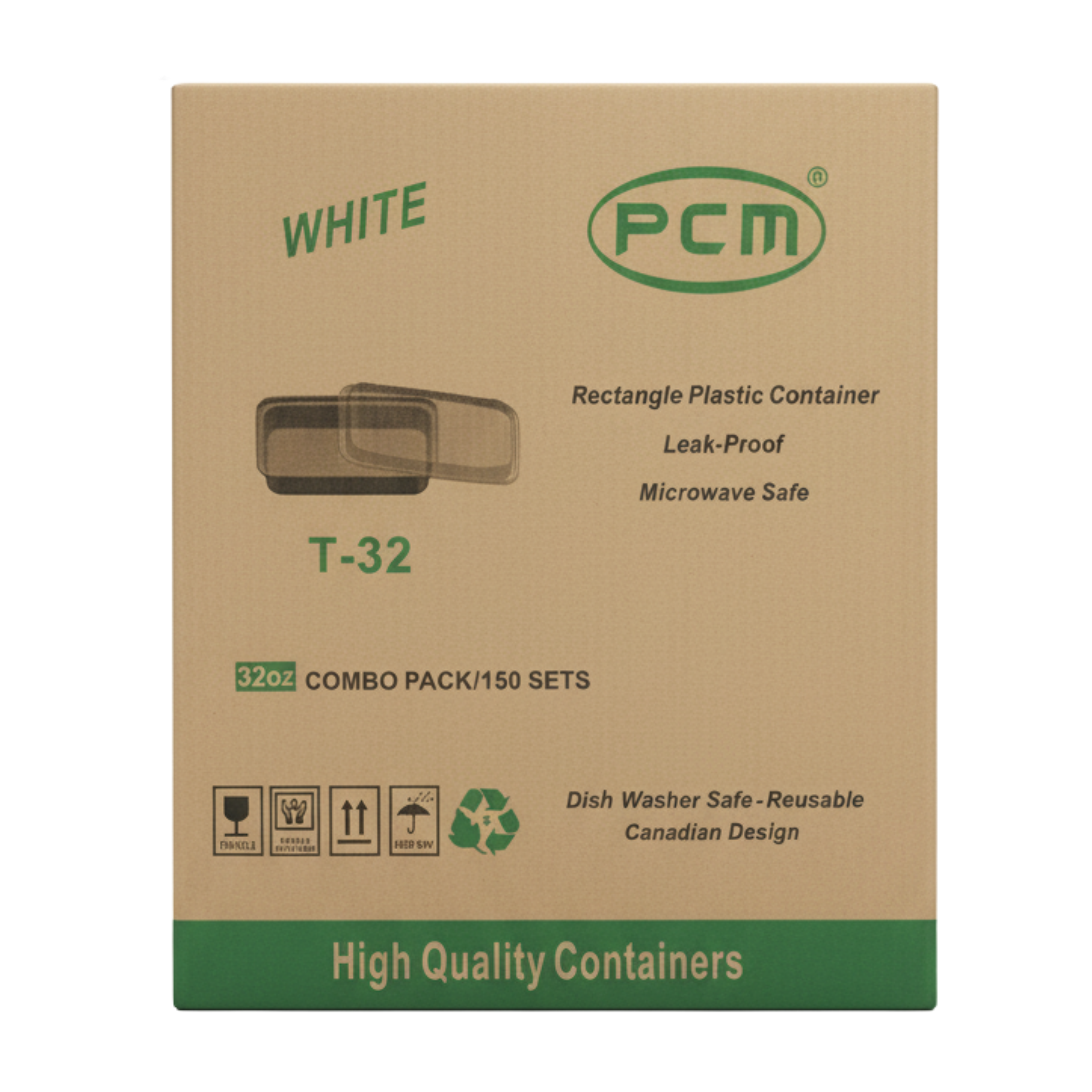 32oz Rectangle White Plastic Container with Lids - T32 - Pack of 150 Sets