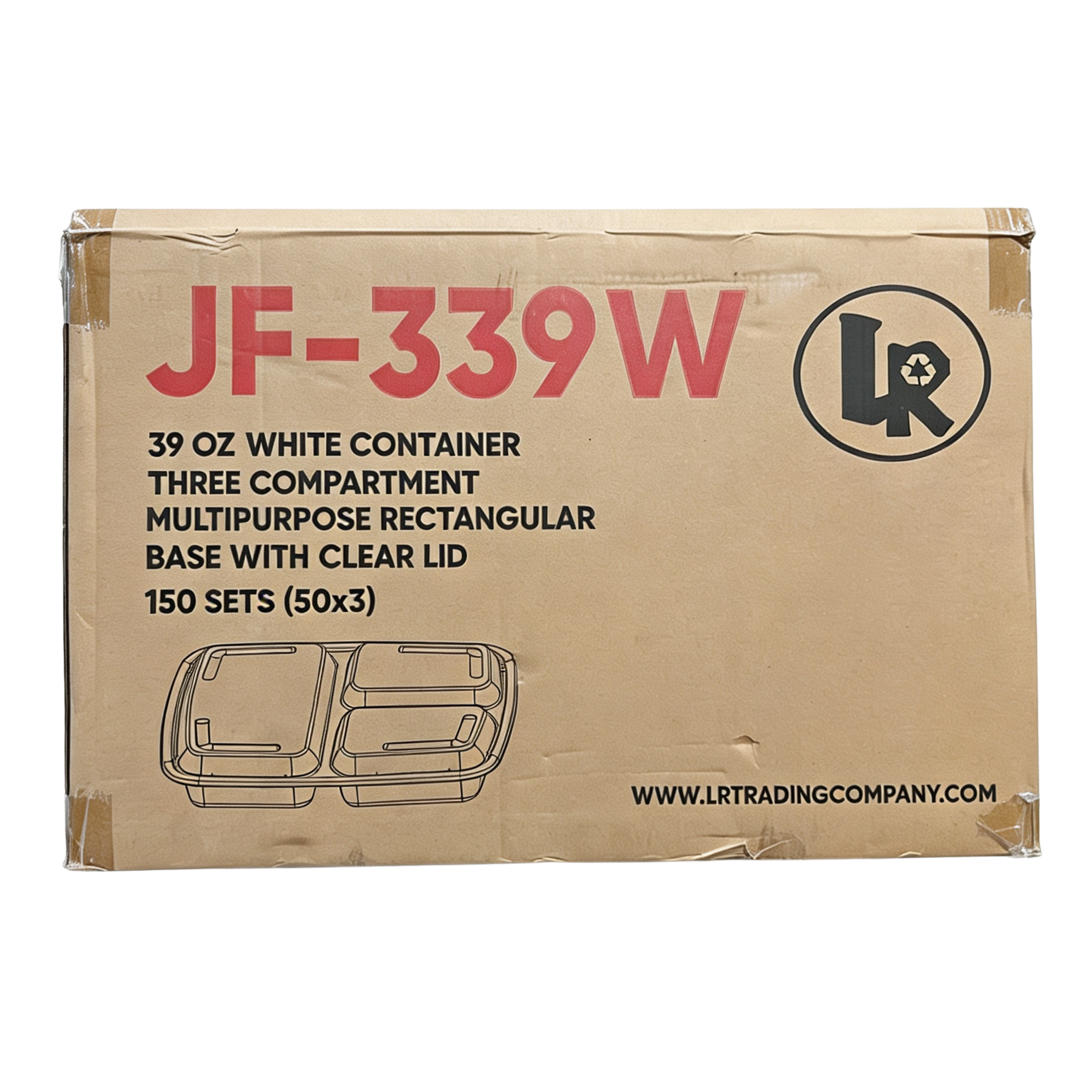 39oz White Rectangular Container 3-Compartment with Lid - 150 Sets