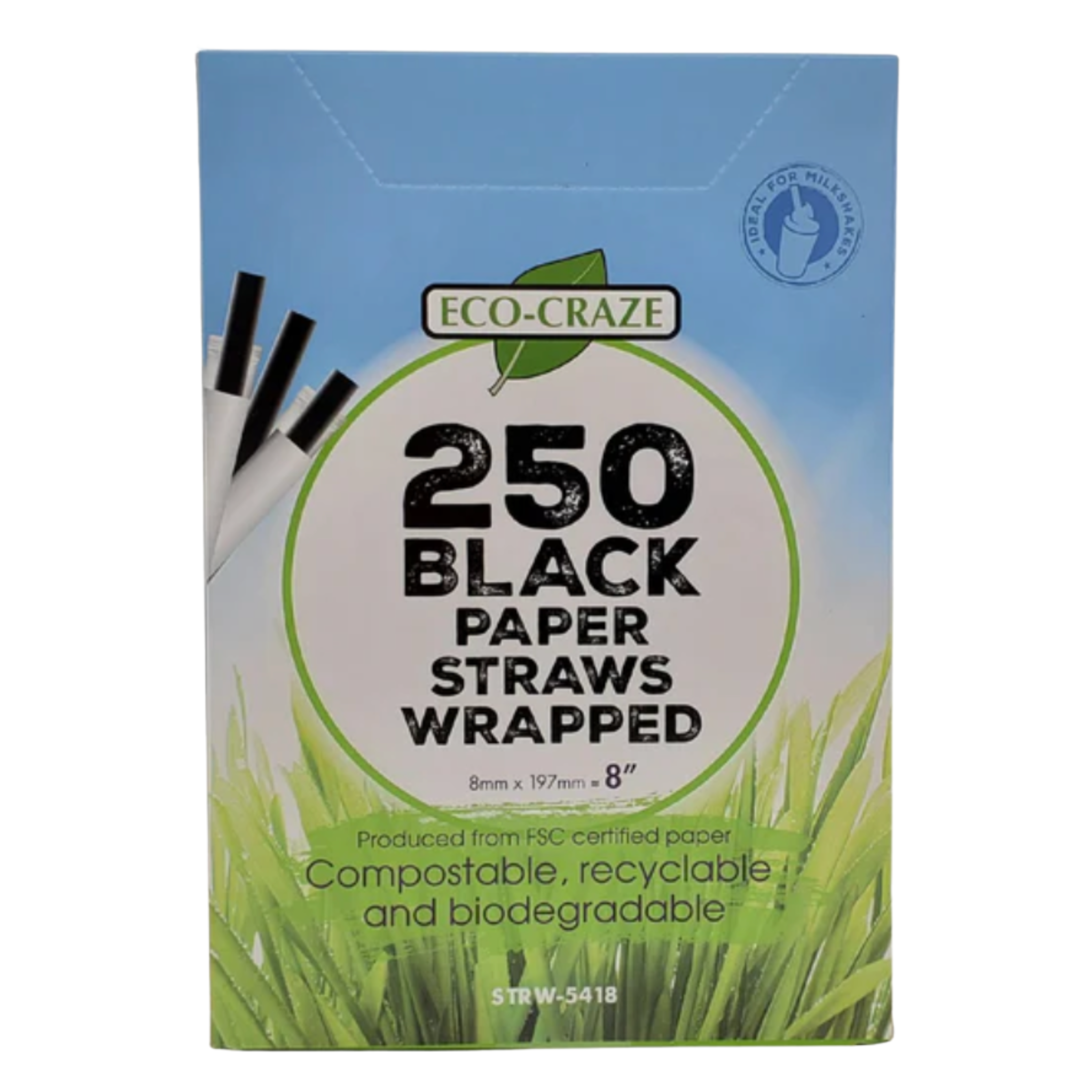 8" Jumbo Paper Straws - 8mm - 250PCS