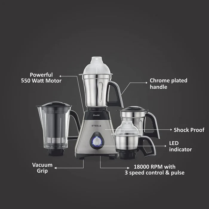 Preethi Steele 3-Jar Mixer Grinder Silver, 550-Watt, 110-Volts