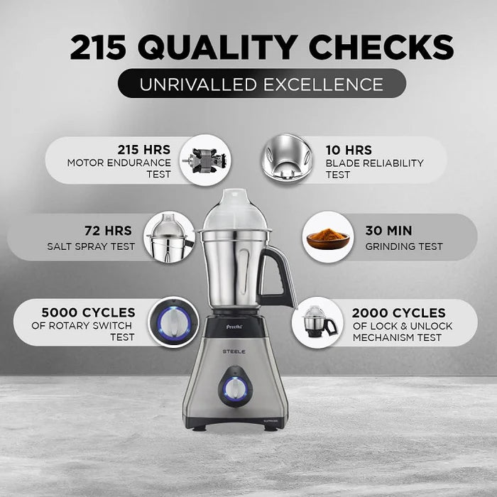 Preethi Steele 3-Jar Mixer Grinder Silver, 550-Watt, 110-Volts