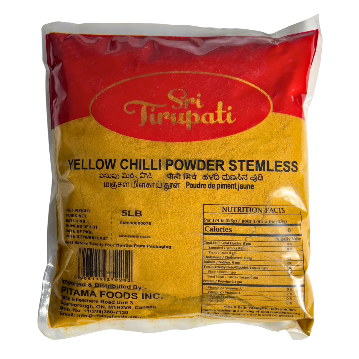 Math Yellow Chilli Sri Tirupati Yellow Chilli Powder Stemless 5LBS – Pitama Foods