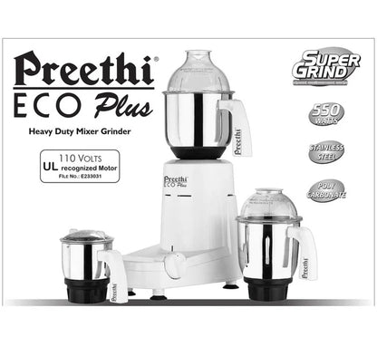 PREETHI ECO PLUS 110 VOLTS MIXER GRINDER (FOR USE IN USA & CANADA ONLY),WHITE